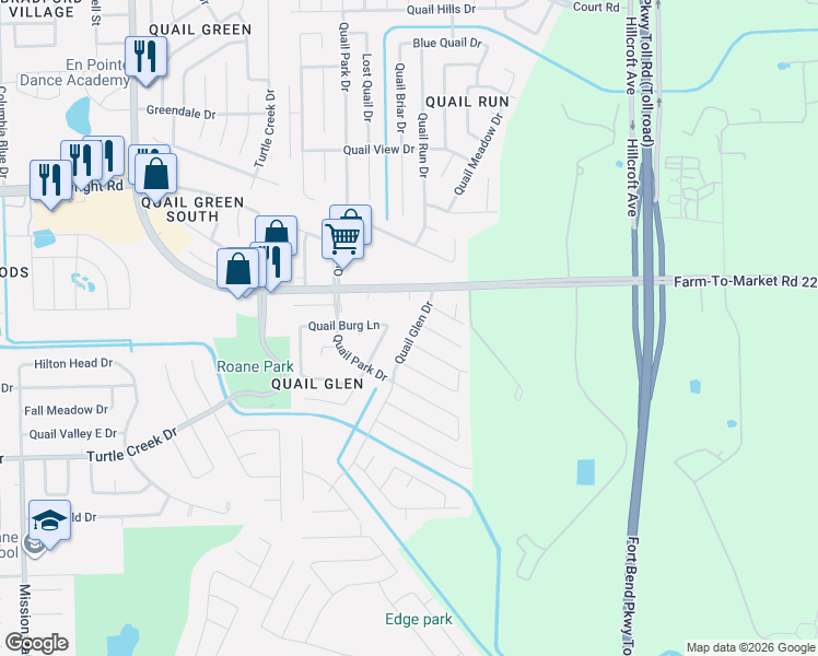 map of restaurants, bars, coffee shops, grocery stores, and more near 16934 Quail Glen Drive in Missouri City