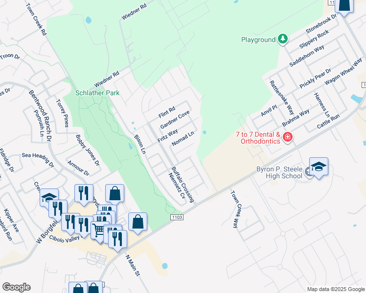 map of restaurants, bars, coffee shops, grocery stores, and more near 229 Comanche Trail in Cibolo