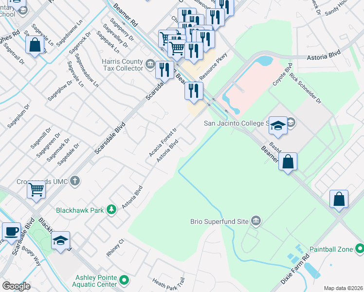 map of restaurants, bars, coffee shops, grocery stores, and more near 12030 Parkers Hideaway Drive in Houston