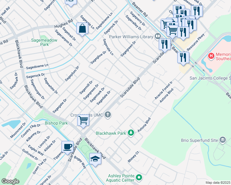 map of restaurants, bars, coffee shops, grocery stores, and more near 10235 Sagecourt Drive in Houston