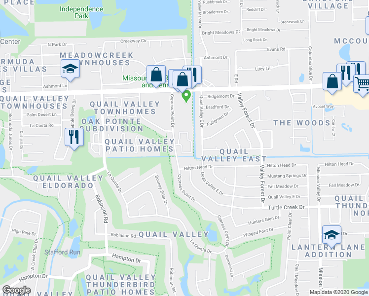 map of restaurants, bars, coffee shops, grocery stores, and more near 2815 Cypress Point Drive in Missouri City