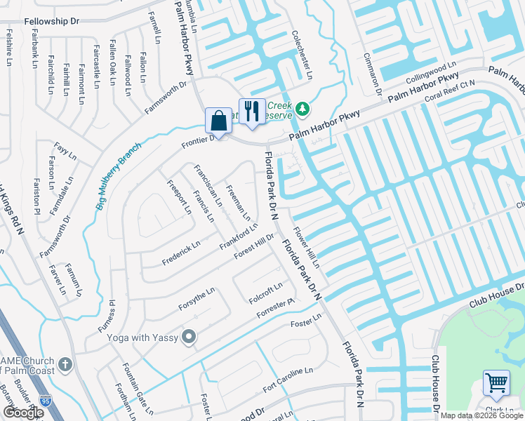 map of restaurants, bars, coffee shops, grocery stores, and more near 143 Florida Park Drive North in Palm Coast