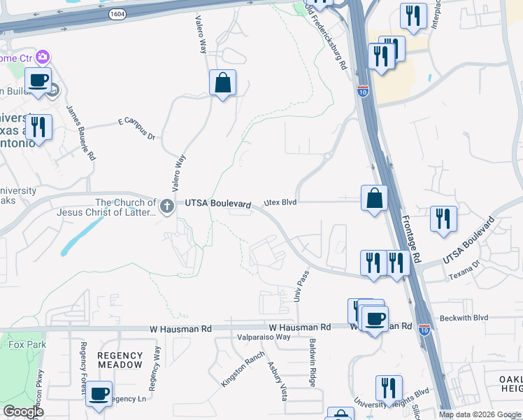 map of restaurants, bars, coffee shops, grocery stores, and more near 5810 UTSA Boulevard in San Antonio