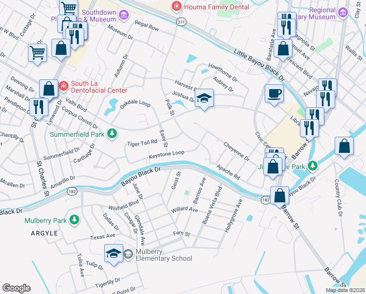 map of restaurants, bars, coffee shops, grocery stores, and more near 401-499 Keystone Loop in Houma