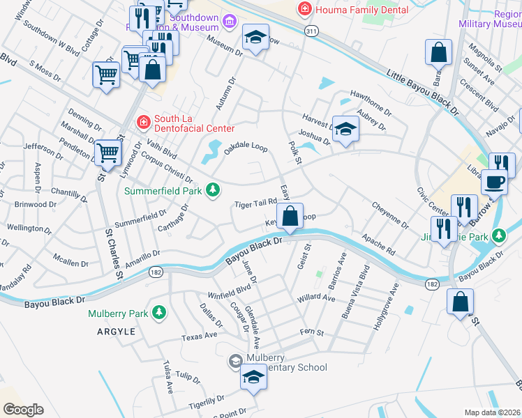 map of restaurants, bars, coffee shops, grocery stores, and more near 211 Tiger Tail Road in Houma