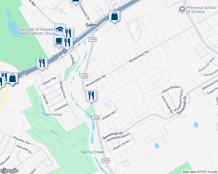 map of restaurants, bars, coffee shops, grocery stores, and more near 15305 Capri Lane in Selma