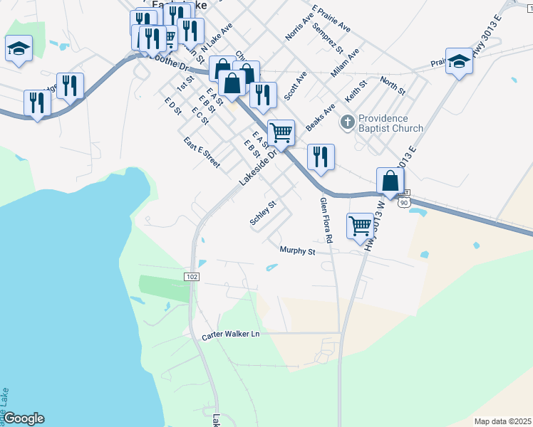 map of restaurants, bars, coffee shops, grocery stores, and more near 26 Schley Street in Eagle Lake