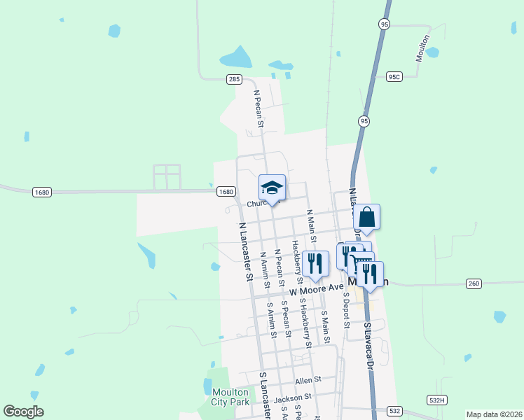 map of restaurants, bars, coffee shops, grocery stores, and more near 402 West Bobkat in Moulton