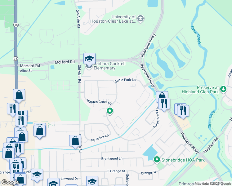 map of restaurants, bars, coffee shops, grocery stores, and more near 1703 Highland Glen Lane in Pearland