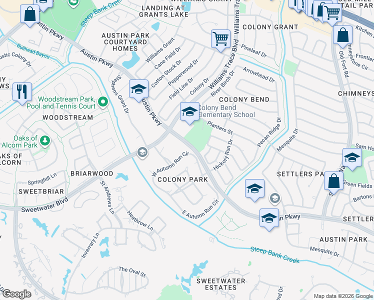 map of restaurants, bars, coffee shops, grocery stores, and more near 2926 West Autumn Run Circle in Sugar Land