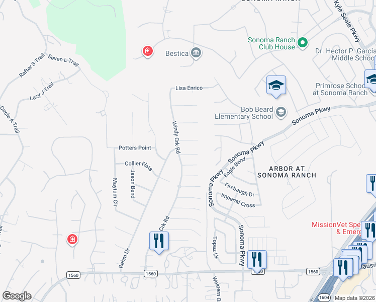 map of restaurants, bars, coffee shops, grocery stores, and more near 9223 Fossil Ranch in Helotes