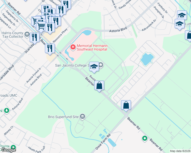 map of restaurants, bars, coffee shops, grocery stores, and more near 6 Bashforth Drive in Houston