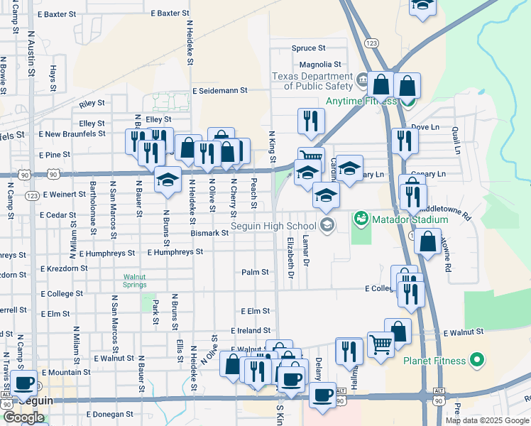 map of restaurants, bars, coffee shops, grocery stores, and more near 1011 North King Street in Seguin