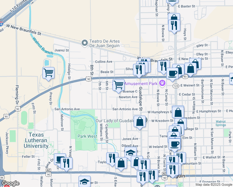 map of restaurants, bars, coffee shops, grocery stores, and more near 1102 Avenue D in Seguin