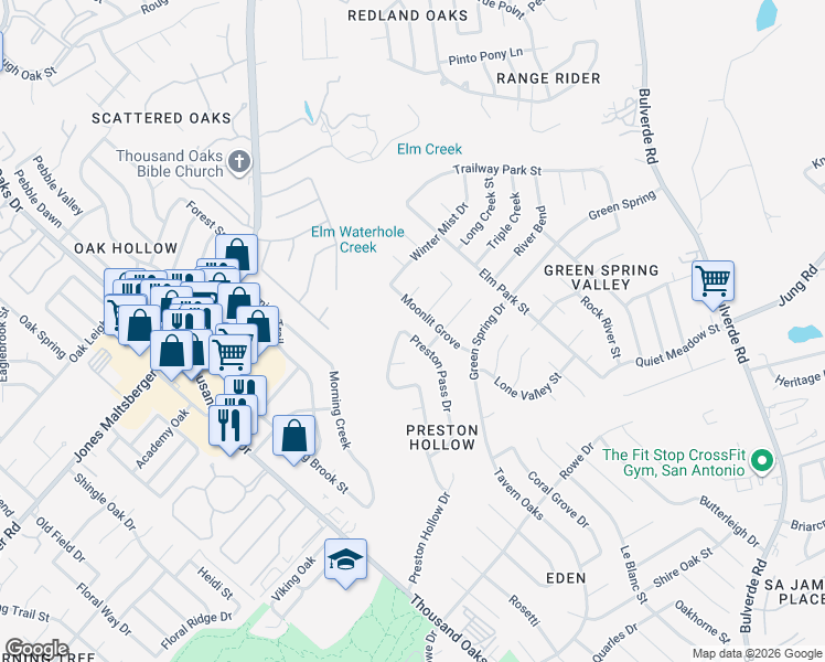 map of restaurants, bars, coffee shops, grocery stores, and more near 15423 Preston Pass Drive in San Antonio