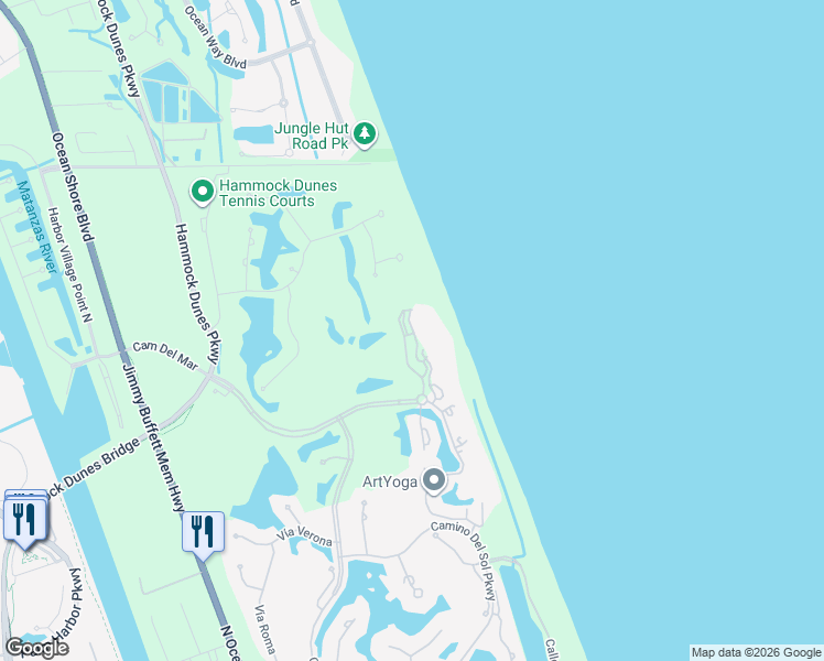 map of restaurants, bars, coffee shops, grocery stores, and more near 15 Avenue De La Mer in Flagler Beach