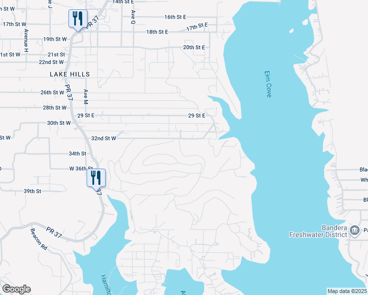 map of restaurants, bars, coffee shops, grocery stores, and more near 137 Hilltop Loop in Lakehills