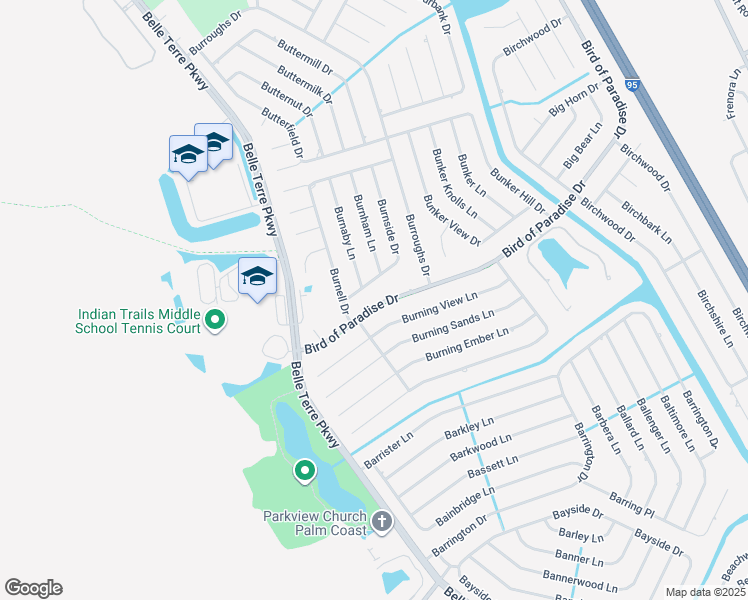 map of restaurants, bars, coffee shops, grocery stores, and more near 21 Bird of Paradise Drive in Palm Coast
