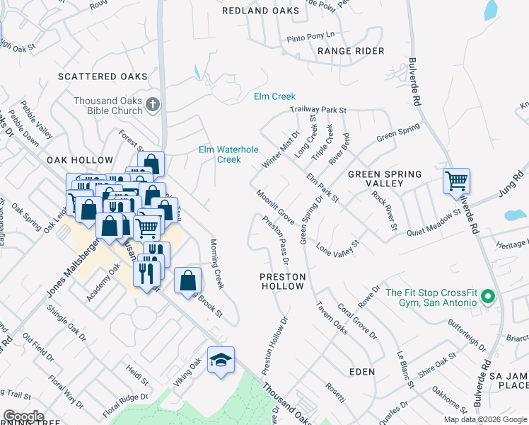 map of restaurants, bars, coffee shops, grocery stores, and more near 15423 Preston Pass Drive in San Antonio