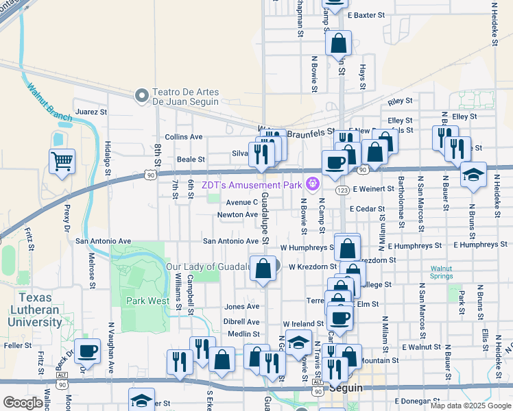 map of restaurants, bars, coffee shops, grocery stores, and more near 1027 North Guadalupe Street in Seguin
