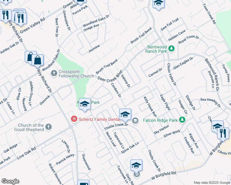 map of restaurants, bars, coffee shops, grocery stores, and more near 261 Winter Frost in Cibolo