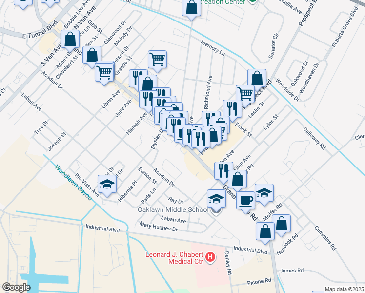 map of restaurants, bars, coffee shops, grocery stores, and more near 1128 Grand Caillou Road in Houma