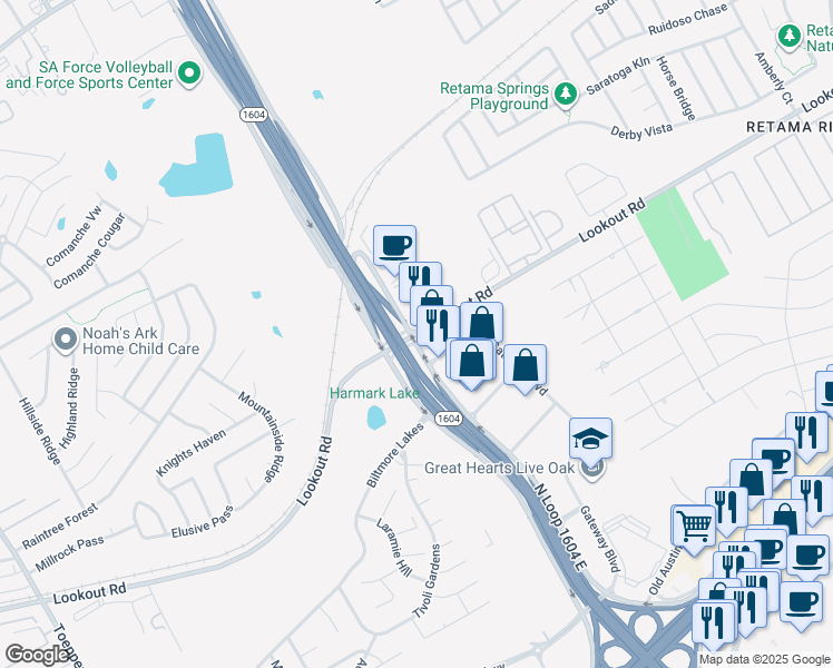 map of restaurants, bars, coffee shops, grocery stores, and more near 7501 North Loop 1604 West in Live Oak