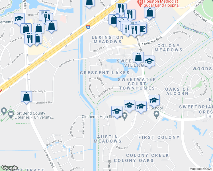 map of restaurants, bars, coffee shops, grocery stores, and more near 17411 Fountainview Circle in Sugar Land