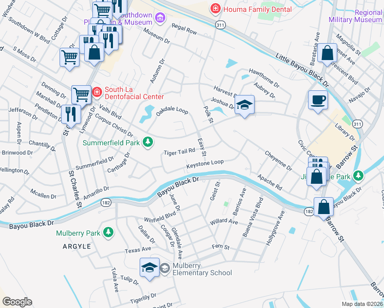 map of restaurants, bars, coffee shops, grocery stores, and more near 211 Tiger Tail Road in Houma