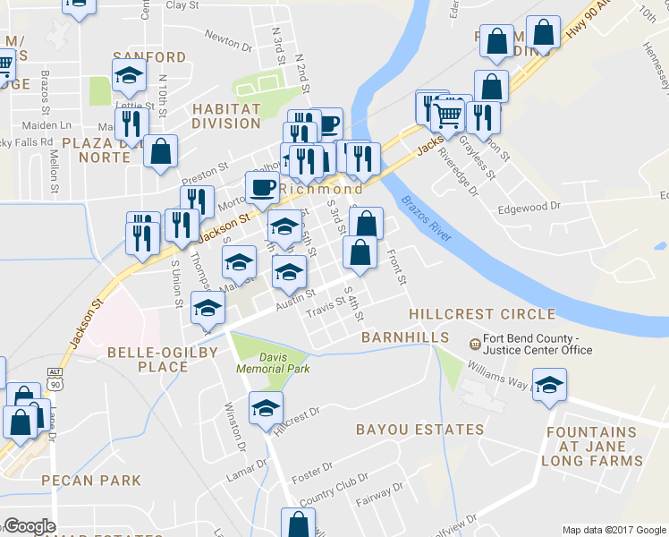 map of restaurants, bars, coffee shops, grocery stores, and more near 400 Austin Street in Richmond