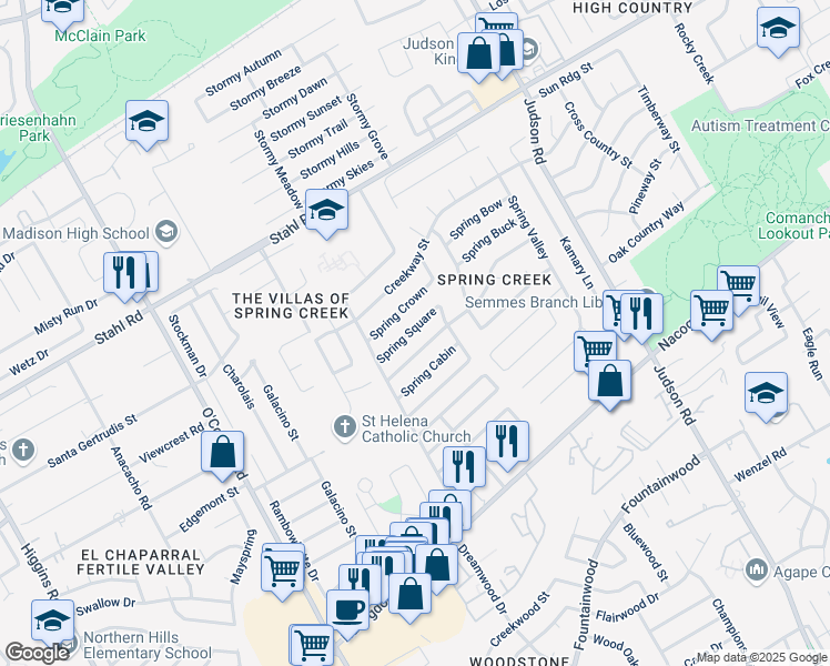 map of restaurants, bars, coffee shops, grocery stores, and more near 5838 Spring Square in San Antonio