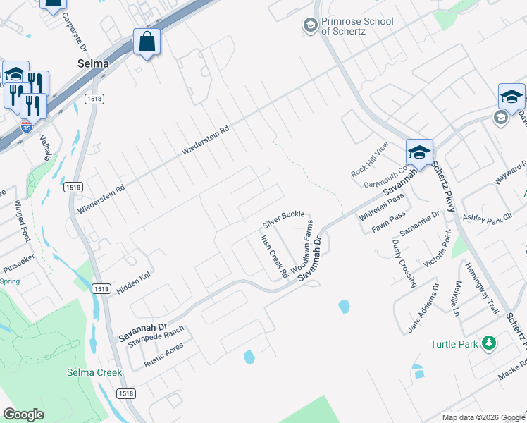 map of restaurants, bars, coffee shops, grocery stores, and more near 417 Silver Buckle in Schertz