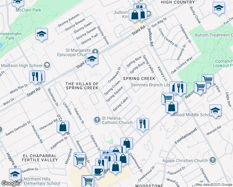 map of restaurants, bars, coffee shops, grocery stores, and more near 5838 Spring Square in San Antonio