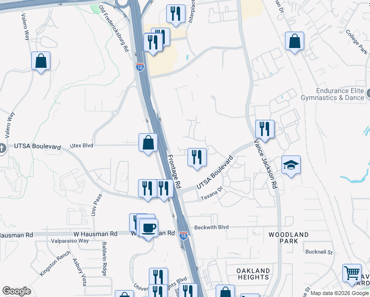 map of restaurants, bars, coffee shops, grocery stores, and more near 5511 Pecan Springs Road in San Antonio