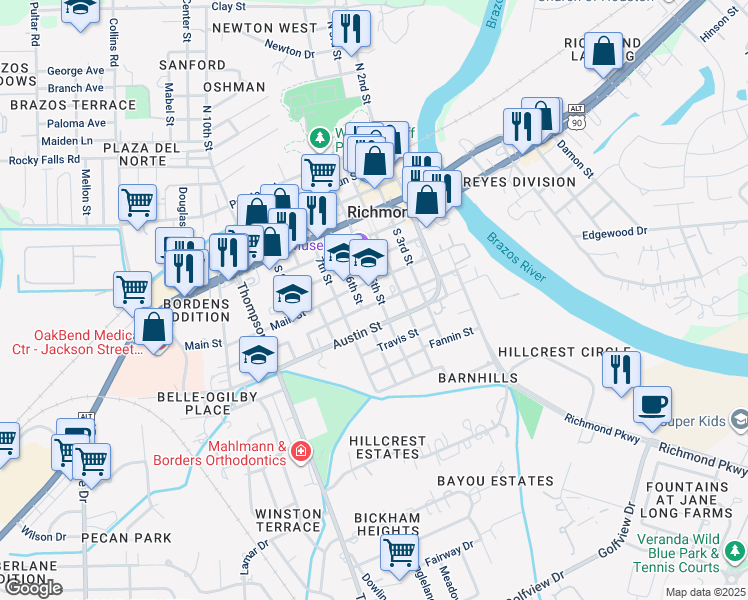 map of restaurants, bars, coffee shops, grocery stores, and more near 610 South 5th Street in Richmond