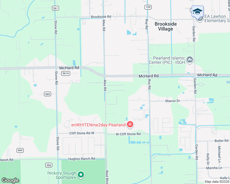 map of restaurants, bars, coffee shops, grocery stores, and more near 1749 Max Road in Pearland