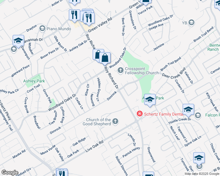 map of restaurants, bars, coffee shops, grocery stores, and more near 2513 Woodland Village Court in Schertz