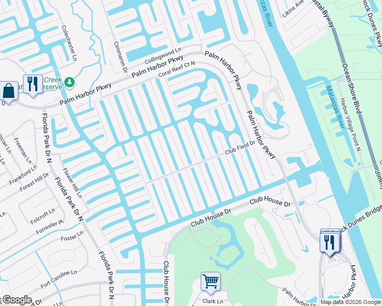 map of restaurants, bars, coffee shops, grocery stores, and more near 5 Cloverdale Court North in Palm Coast
