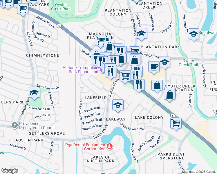 map of restaurants, bars, coffee shops, grocery stores, and more near 4703 Autumn Lakes in Missouri City