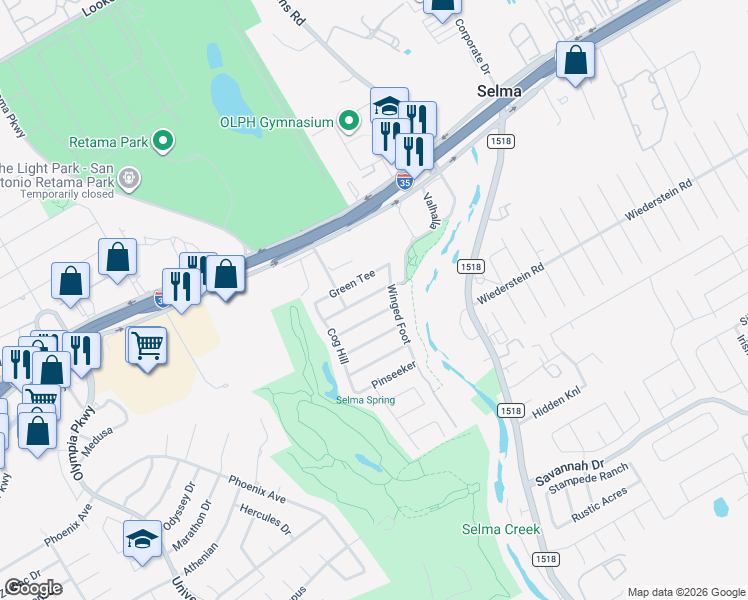 map of restaurants, bars, coffee shops, grocery stores, and more near 9011 Interlachen in Selma