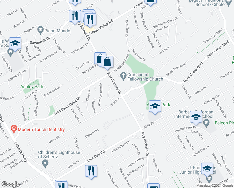 map of restaurants, bars, coffee shops, grocery stores, and more near 2520 Woodland Village Court in Schertz