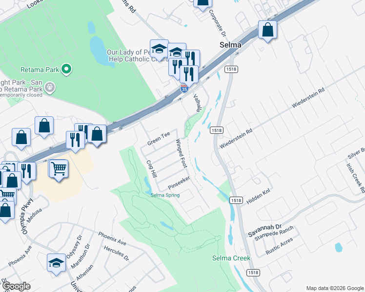 map of restaurants, bars, coffee shops, grocery stores, and more near 15214 Winged Foot in Selma