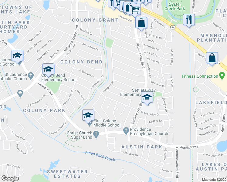 map of restaurants, bars, coffee shops, grocery stores, and more near 3323 Hidden Creek Drive in Sugar Land