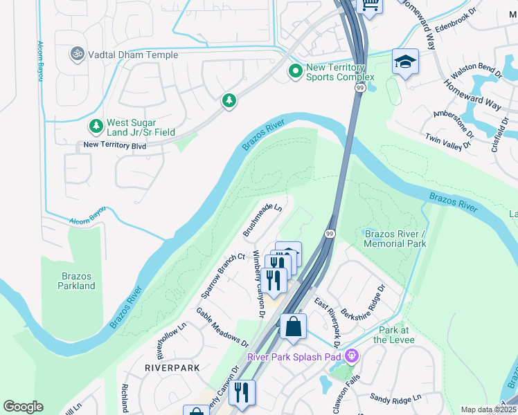 map of restaurants, bars, coffee shops, grocery stores, and more near 2126 Brushmeade Lane in Sugar Land