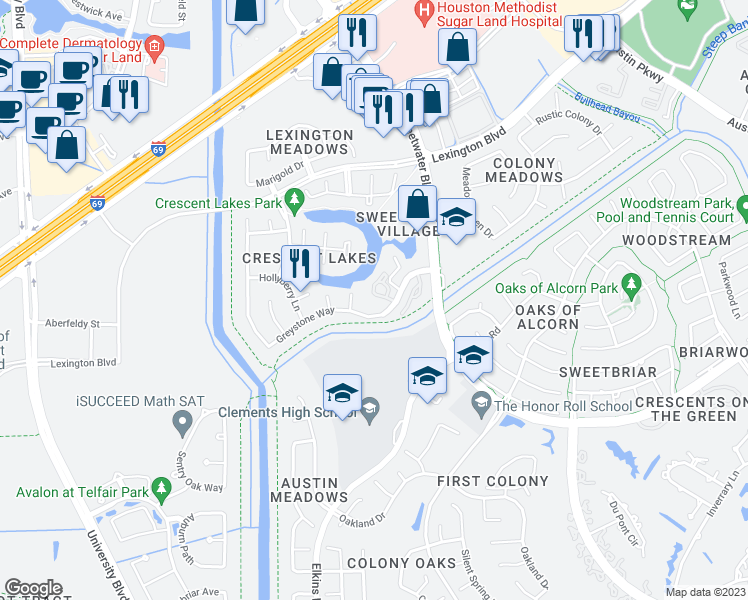 map of restaurants, bars, coffee shops, grocery stores, and more near 4176 Greystone Way in Sugar Land