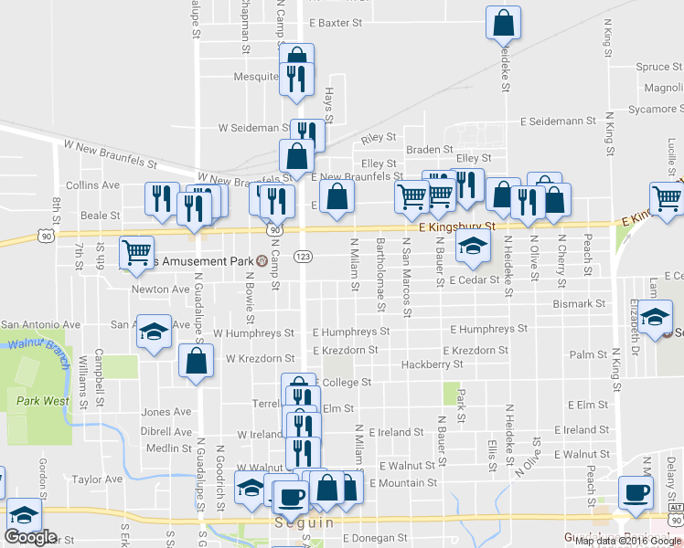 map of restaurants, bars, coffee shops, grocery stores, and more near 222 East Cedar Street in Seguin