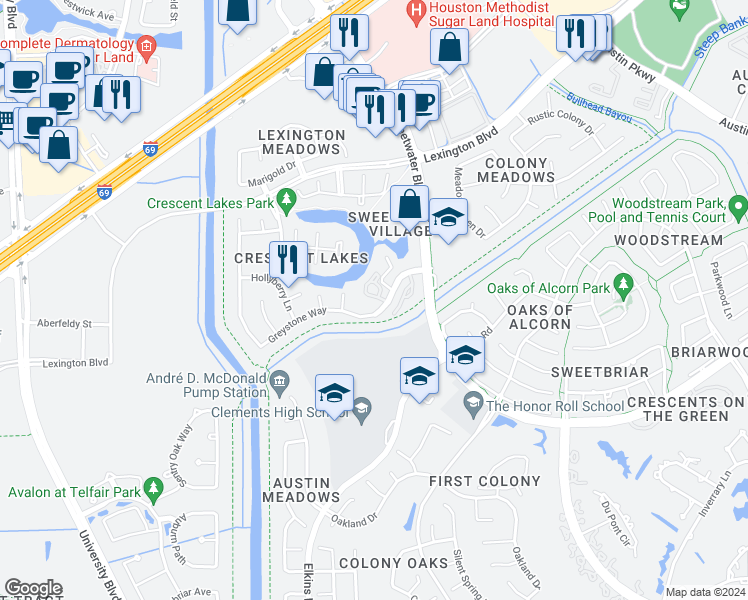 map of restaurants, bars, coffee shops, grocery stores, and more near 4168 Greystone Way in Sugar Land