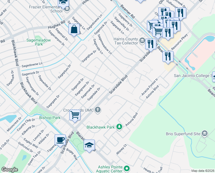 map of restaurants, bars, coffee shops, grocery stores, and more near 10235 Sagecourt Drive in Houston