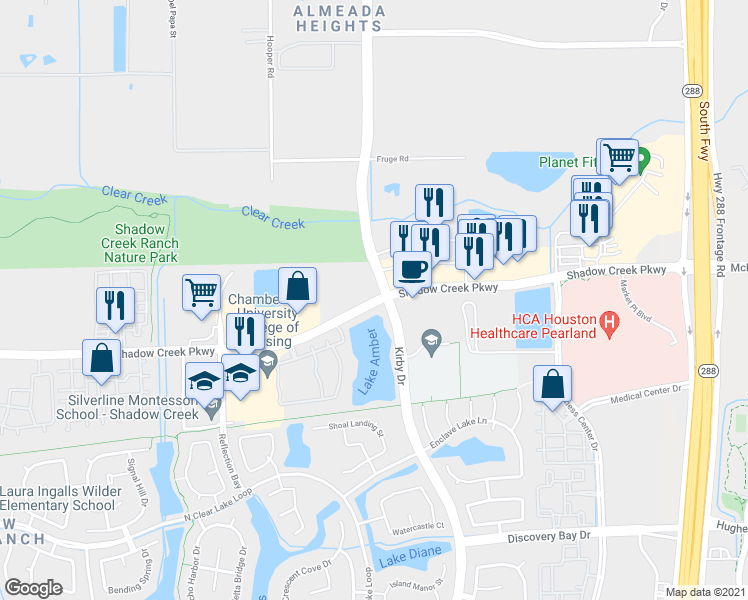 map of restaurants, bars, coffee shops, grocery stores, and more near 12400 Shadow Creek Parkway in Pearland