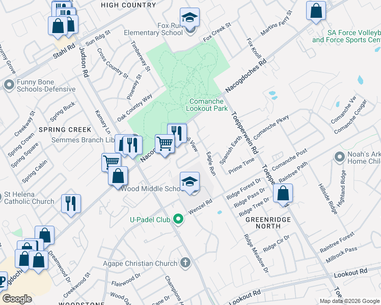 map of restaurants, bars, coffee shops, grocery stores, and more near 6131 Outlook Ridge in San Antonio